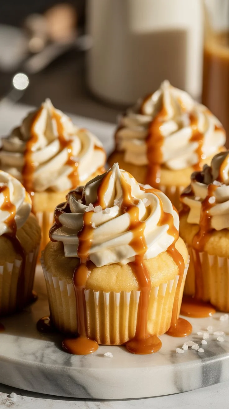 CARAMEL CUPCAKES with Vanilla Cream Center